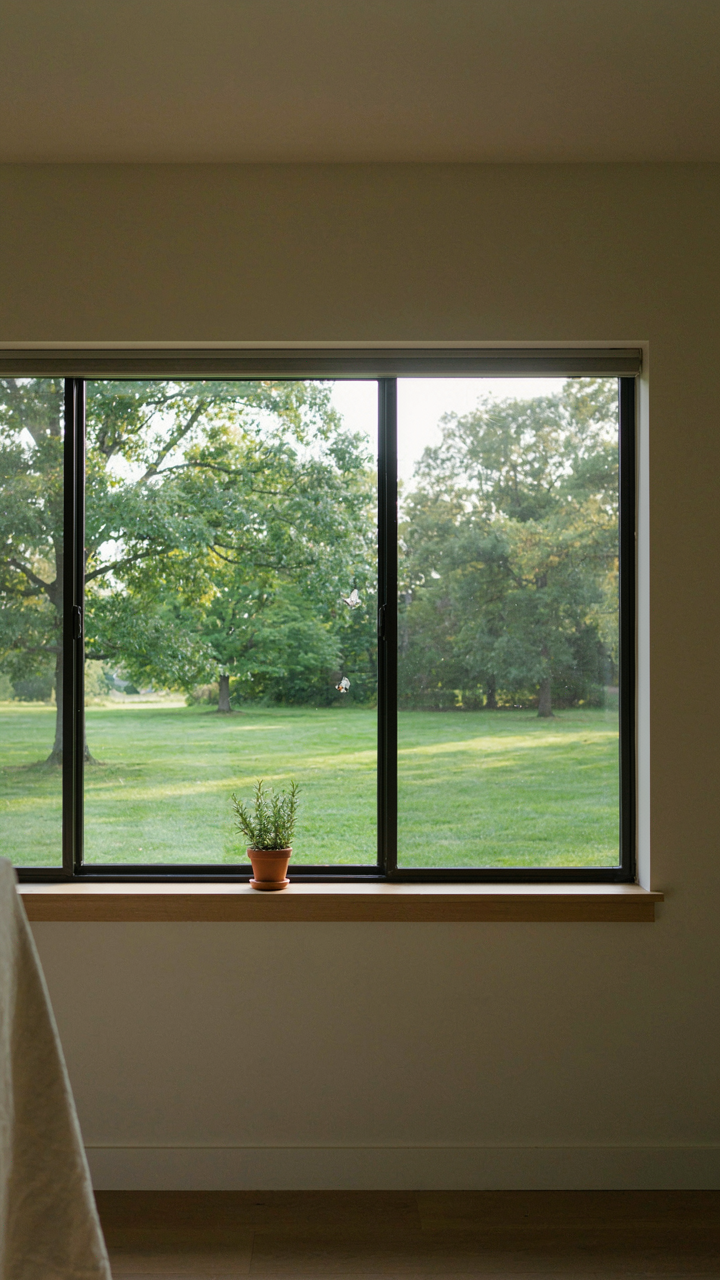 A wide window in a ranch house looking out onto a green lawn.
