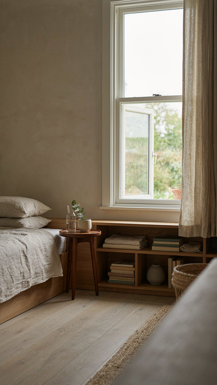 An interior of an adu cottage with built-in storage and smart window placement.