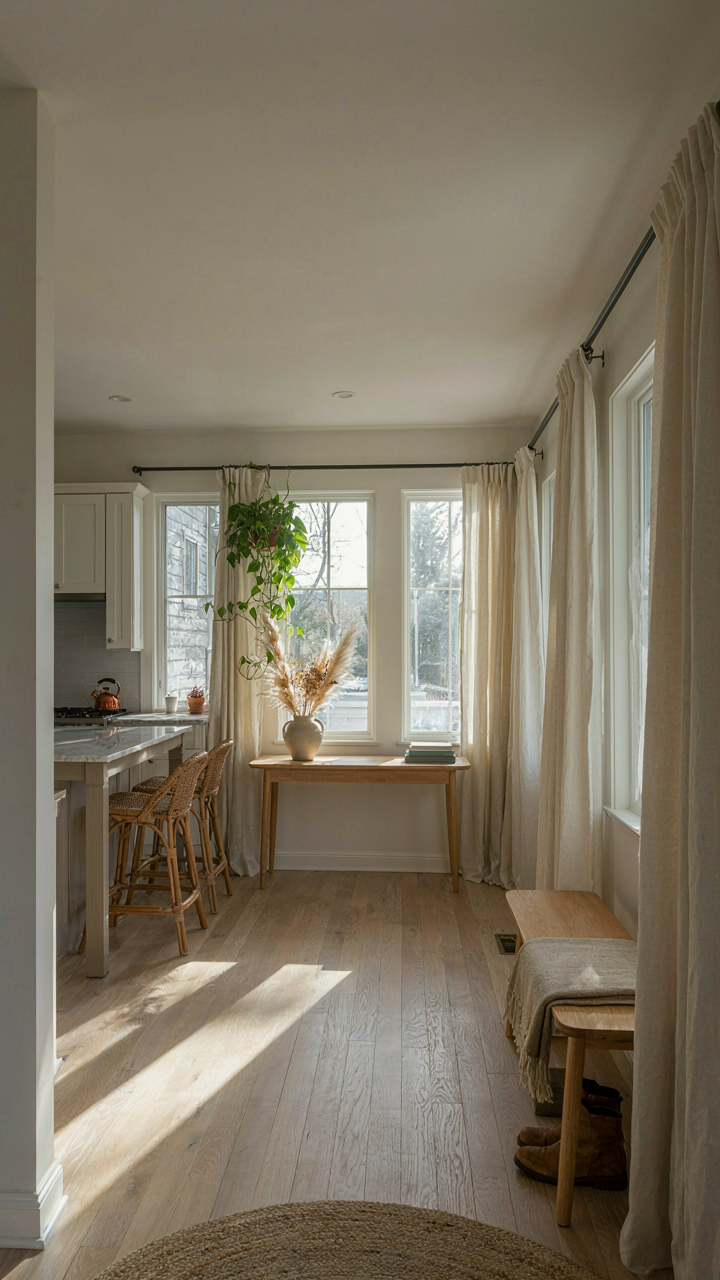 A bright, open-concept living space in a cottage, showing good flow and natural light.