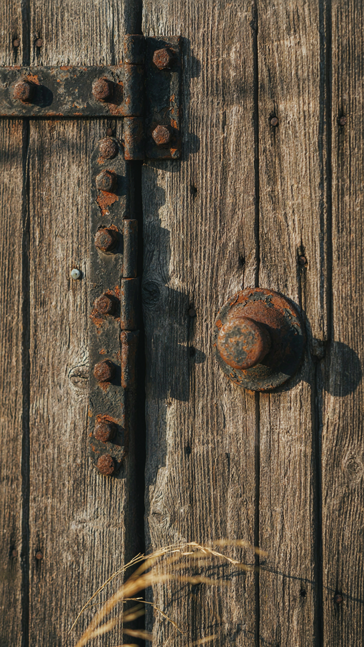 Weathered metal barn door hardware with rust and wear patterns.