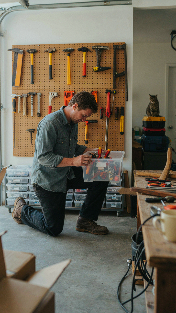A person organizes tools in a workshop, labeling bins carefully.