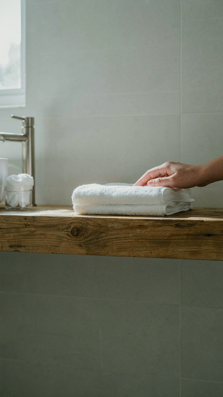 A hand placing a folded white towel on an open wooden shelf.