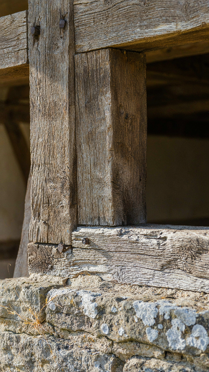 A detailed view of a timber frame corner of an old Normandy style house on a stone base.
