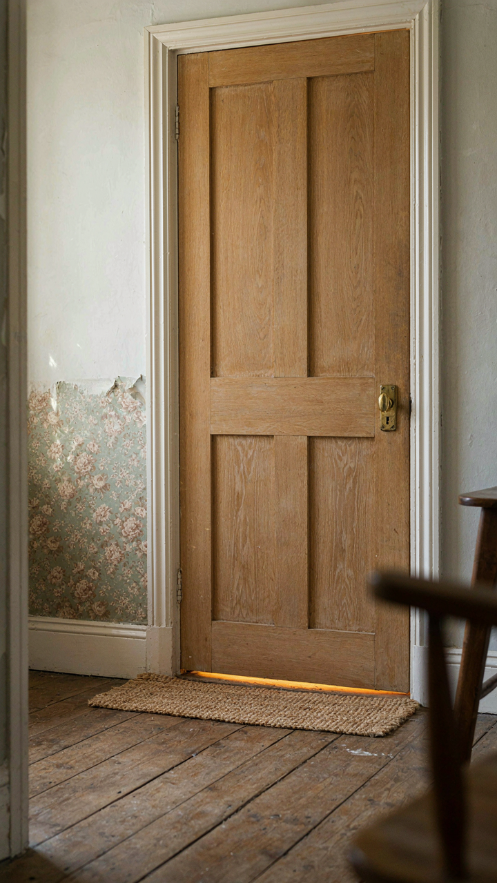 A closed bedroom door in a small cottage hints at privacy and warmth inside.