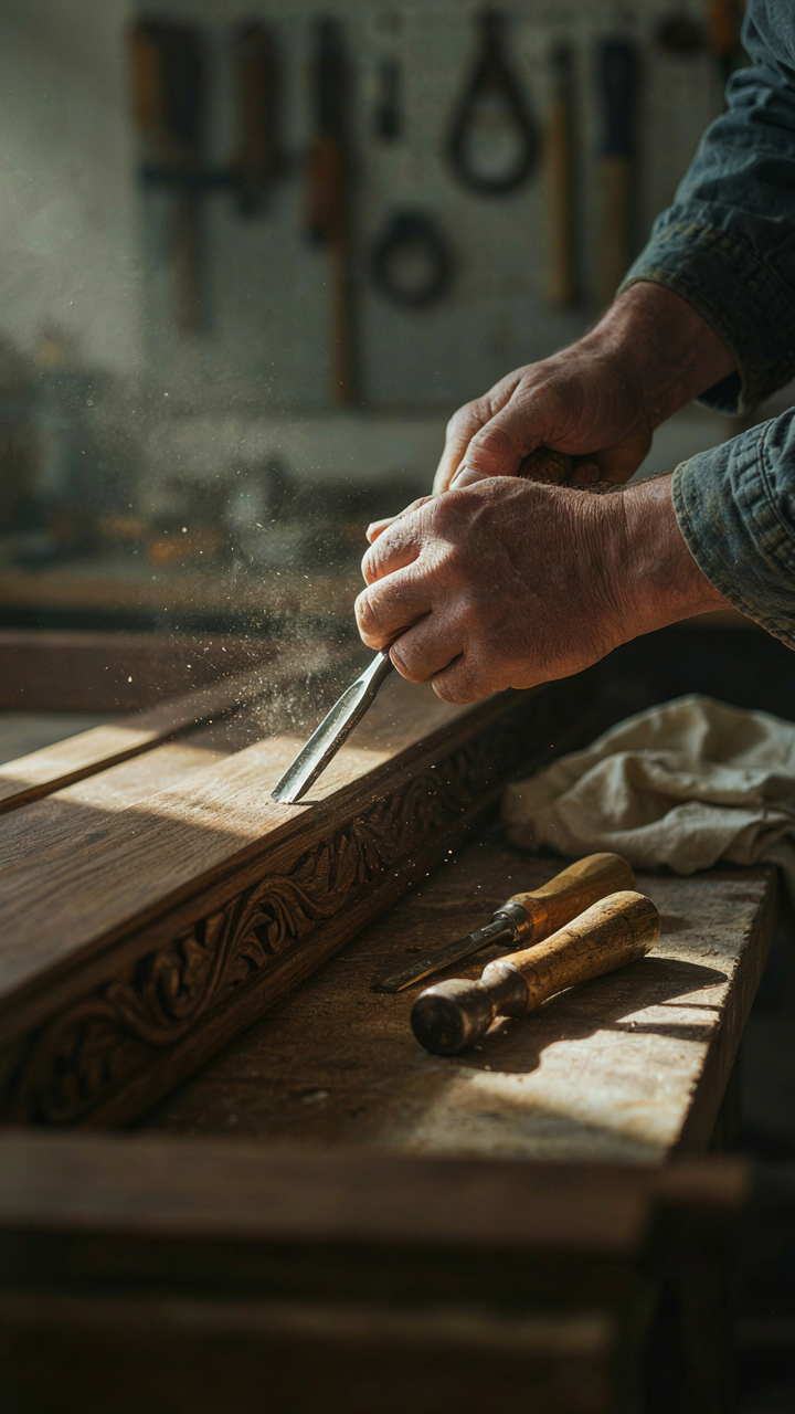 A craftsman chiseling a relief cut into a dark wooden bed frame.