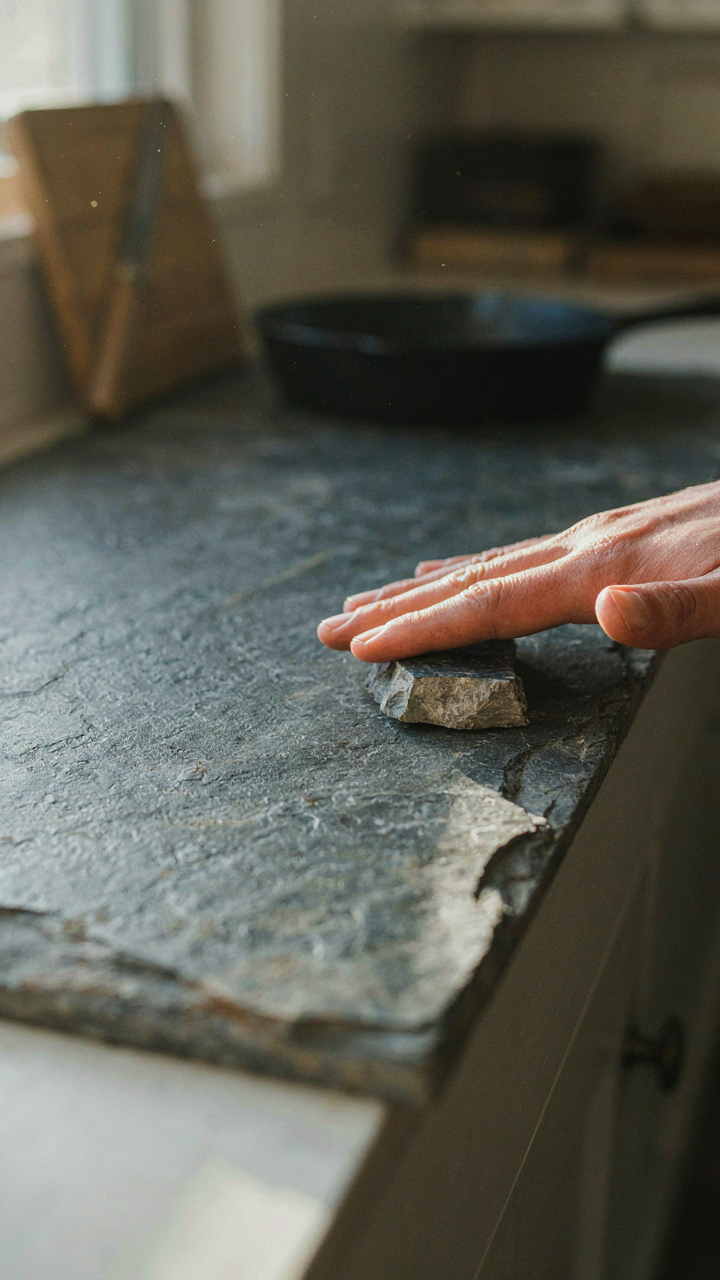 A hand touches a rough, natural slate countertop in a cabin kitchen.