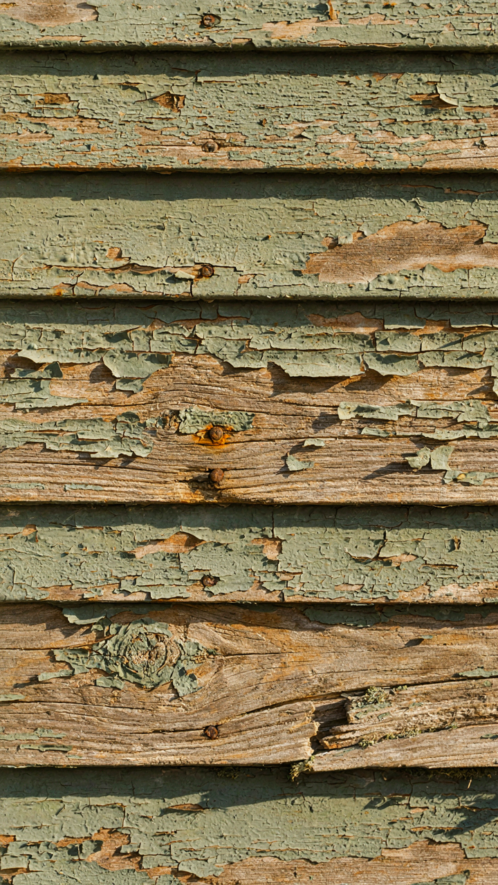 Weathered wood siding on an old bungalow shows peeling paint.