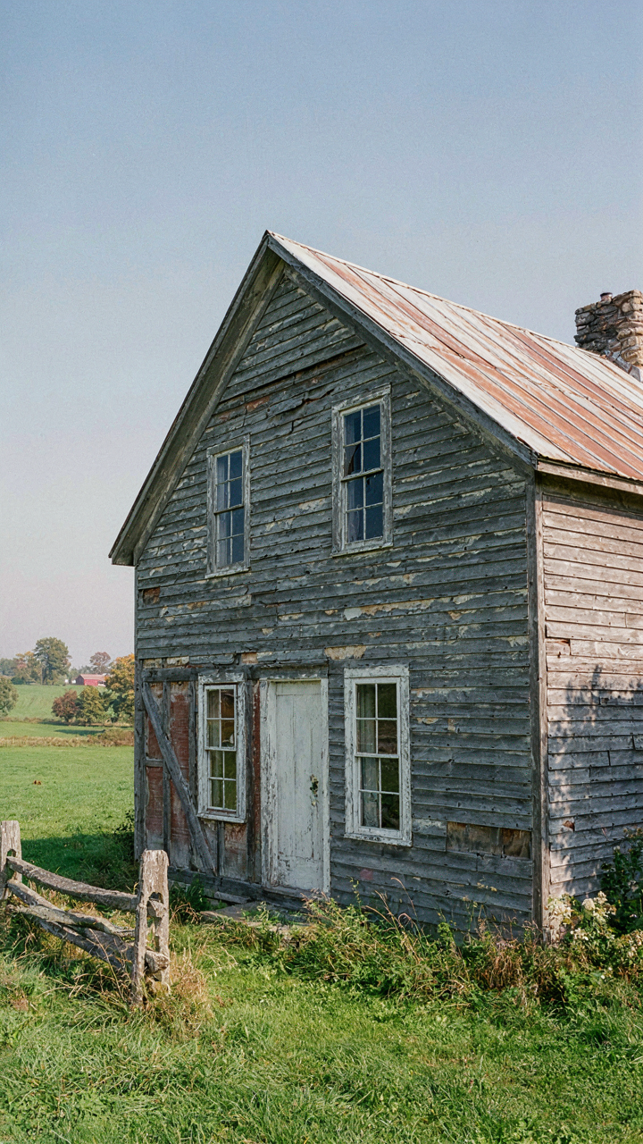 An old farmhouse shows weathered clapboard siding and a sturdy timber frame from decades of use.