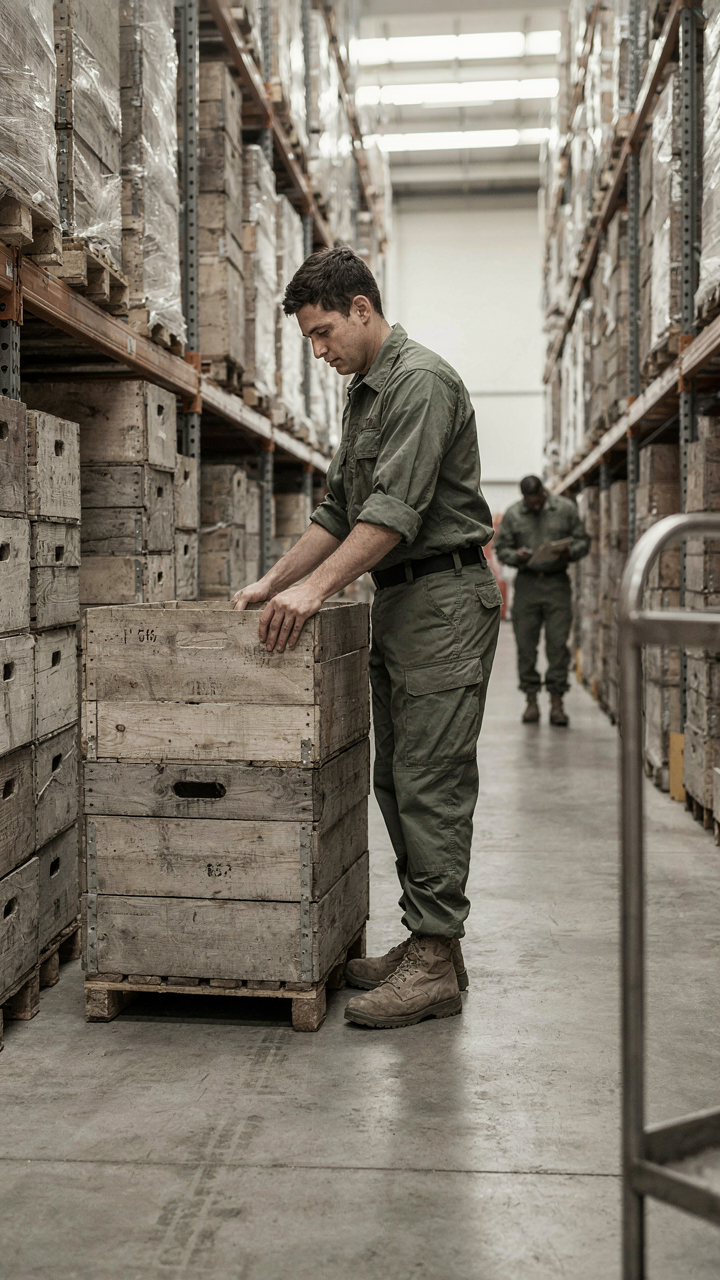 A military logistics expert carefully arranging crates in a small warehouse.
