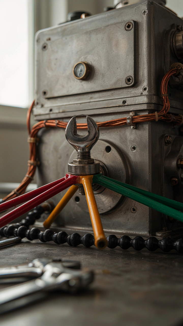 A three-sided wrench tightening a bolt on a machine.