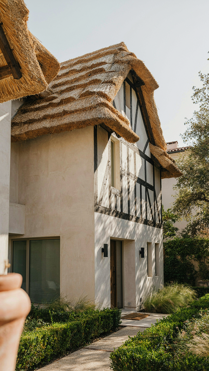 A modern house with fake half-timbering and decorative thatch details.