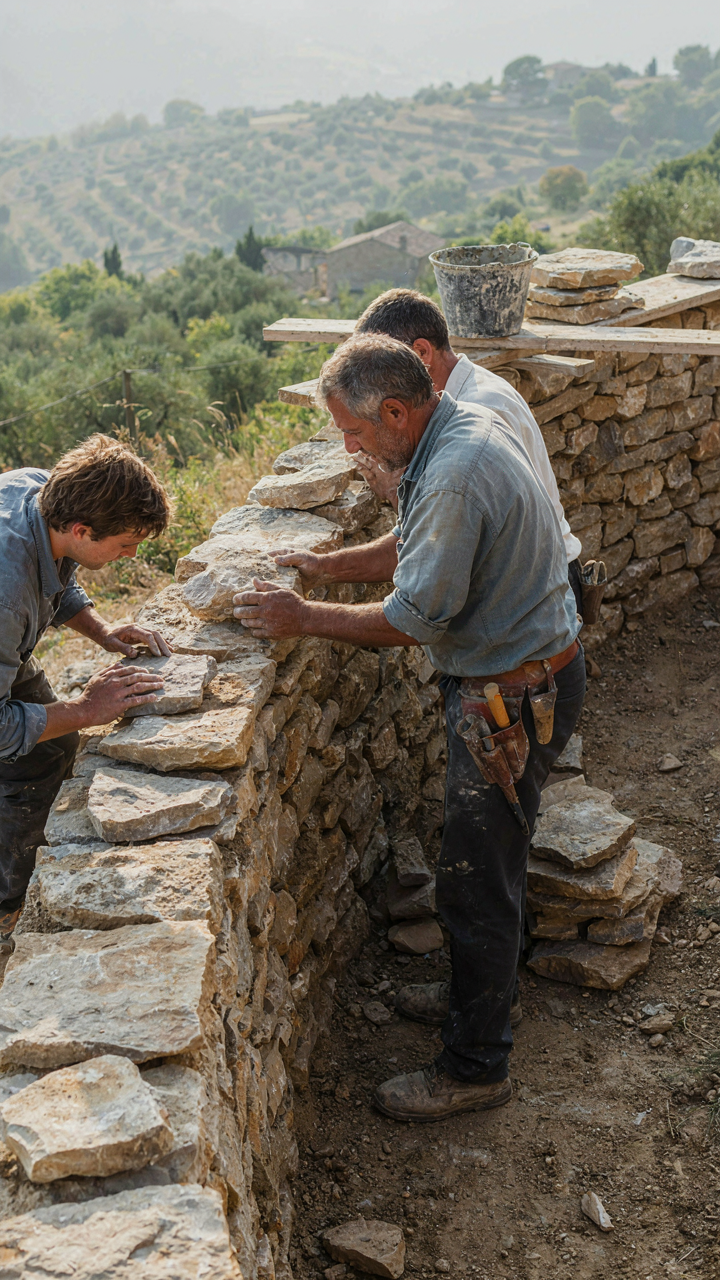 A skilled mason carefully places an irregular stone onto a curved wall.