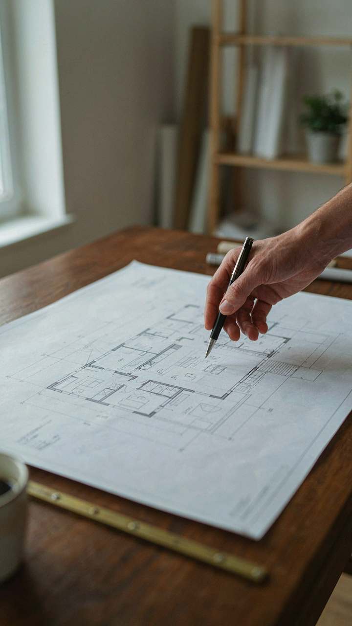 An architect's hand points to a blueprint of a modern home with an open layout.