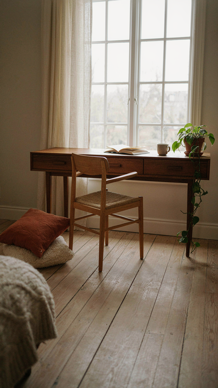 A credenza in a cabin loft acts as a desk and a lounge boundary.