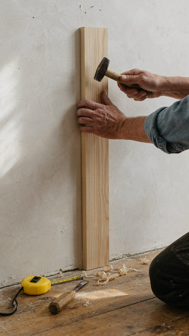 A carpenter's hands installing unfinished wainscoting on a wall.