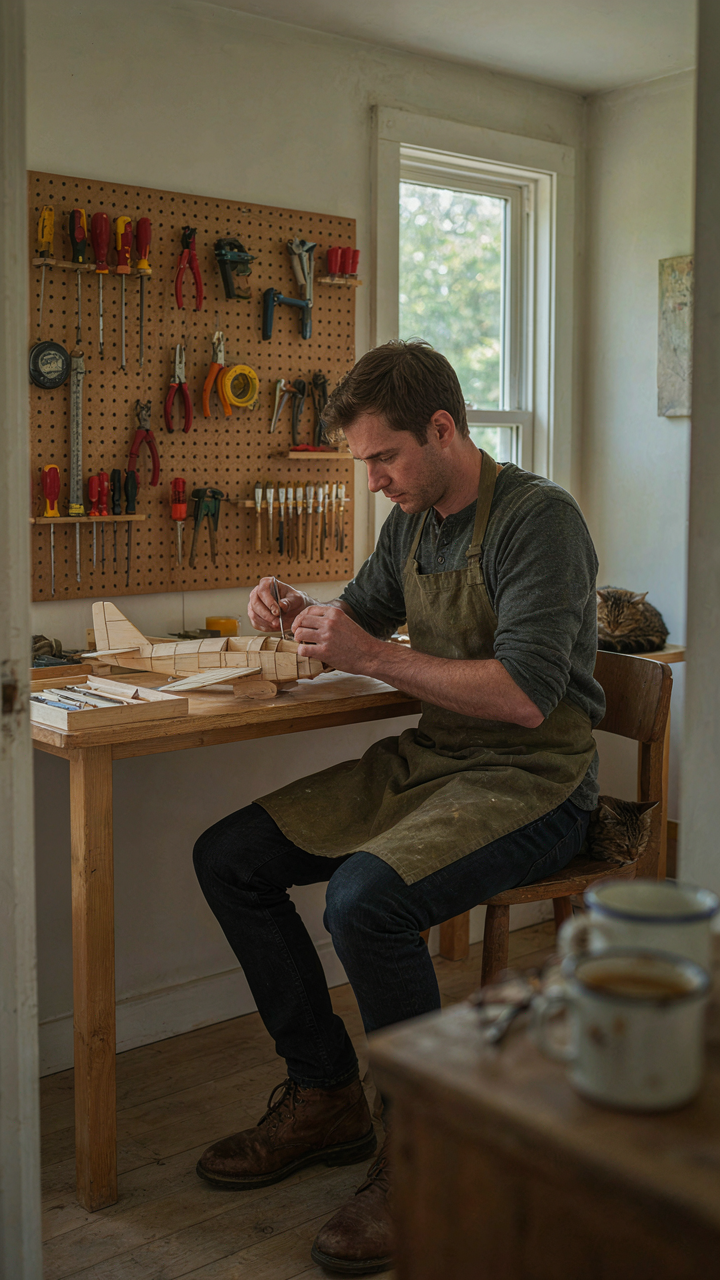 A person builds a model airplane in a focused, organized backyard cabin.