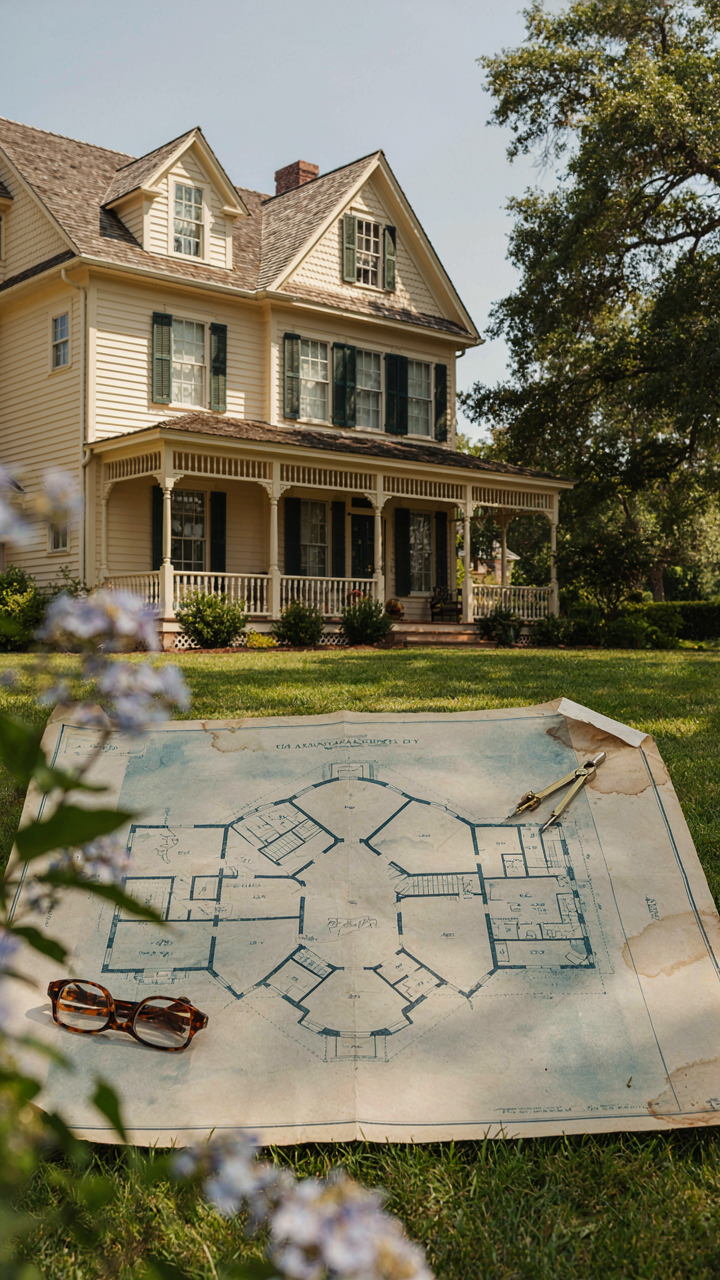 An architect's blueprint for a queen anne victorian house, showing the floor plan.