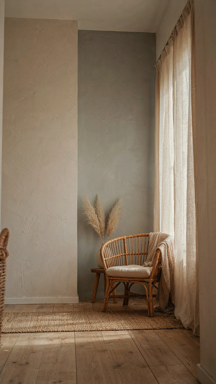 An interior wall painted warm off-white next to a cool gray accent wall.
