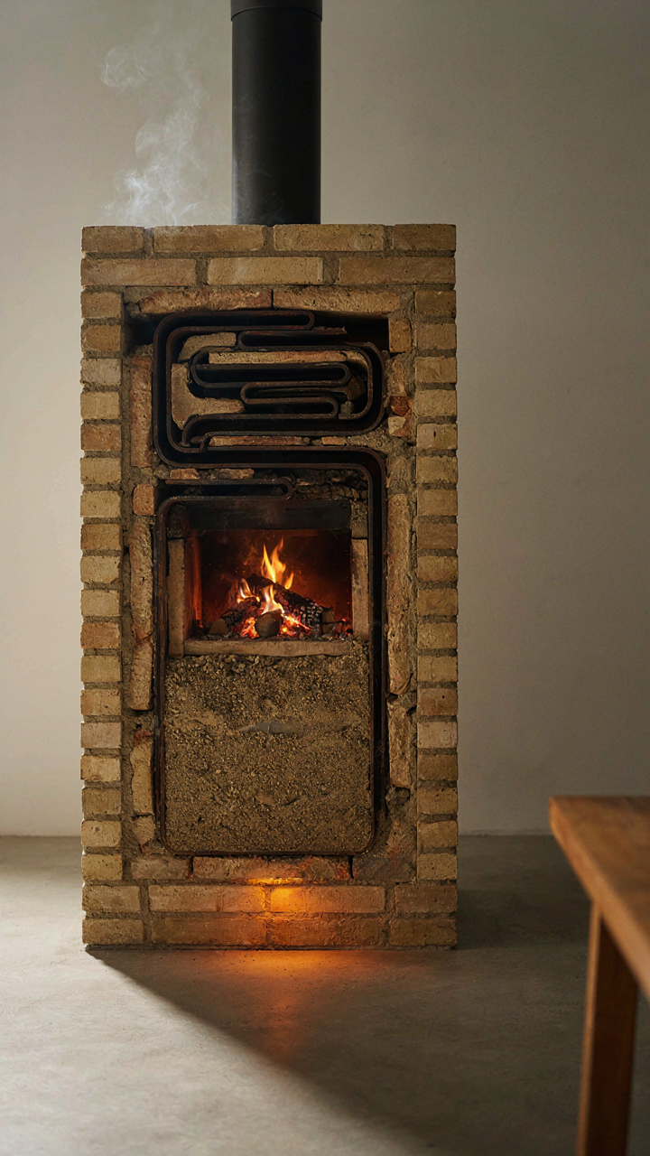A diagram showing heat radiating from a masonry heater's thick core.