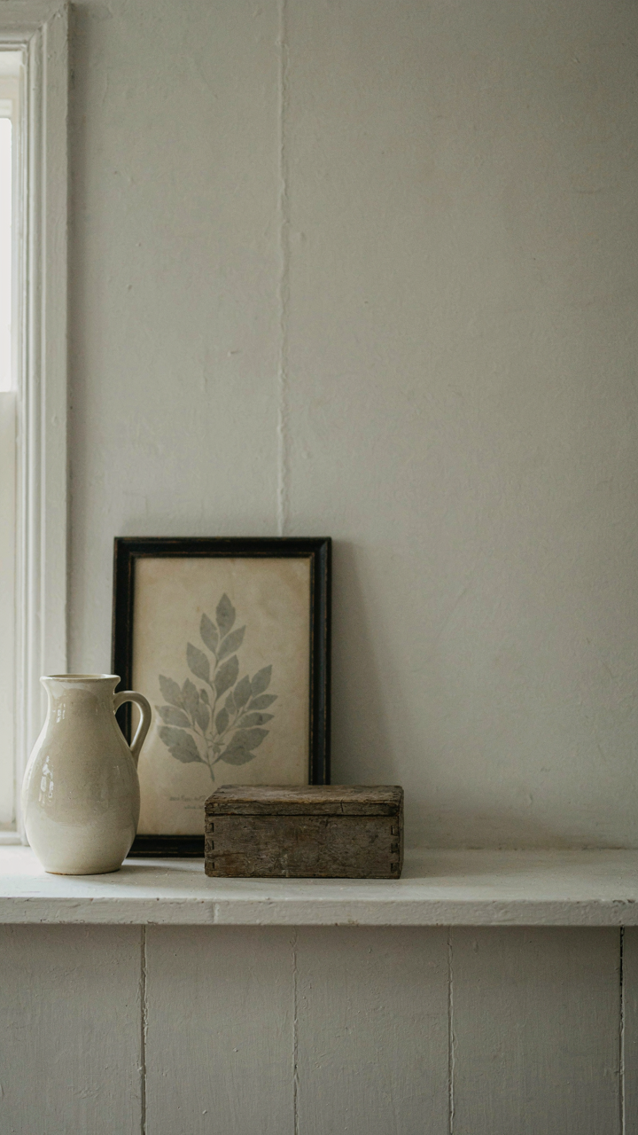 A simple farmhouse mantel with three well-spaced objects: a pitcher, a box, and a print.