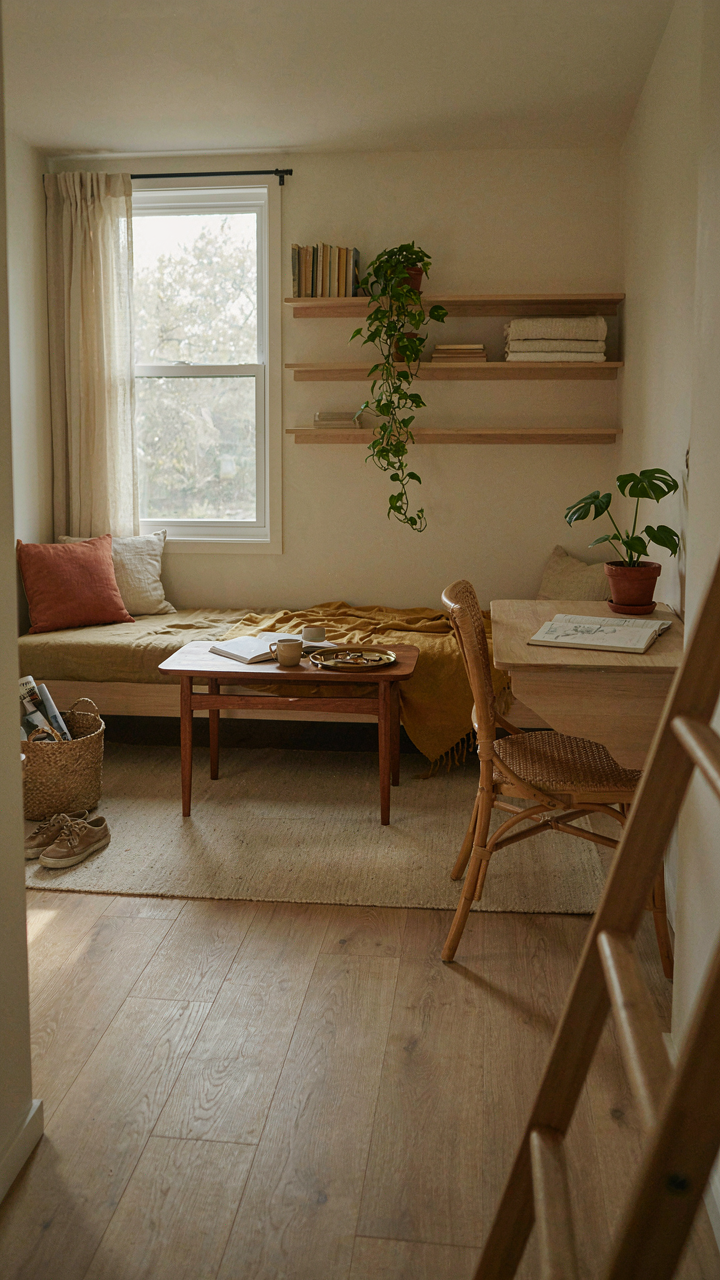 A compact she shed interior with multi-functional furniture and smart storage.