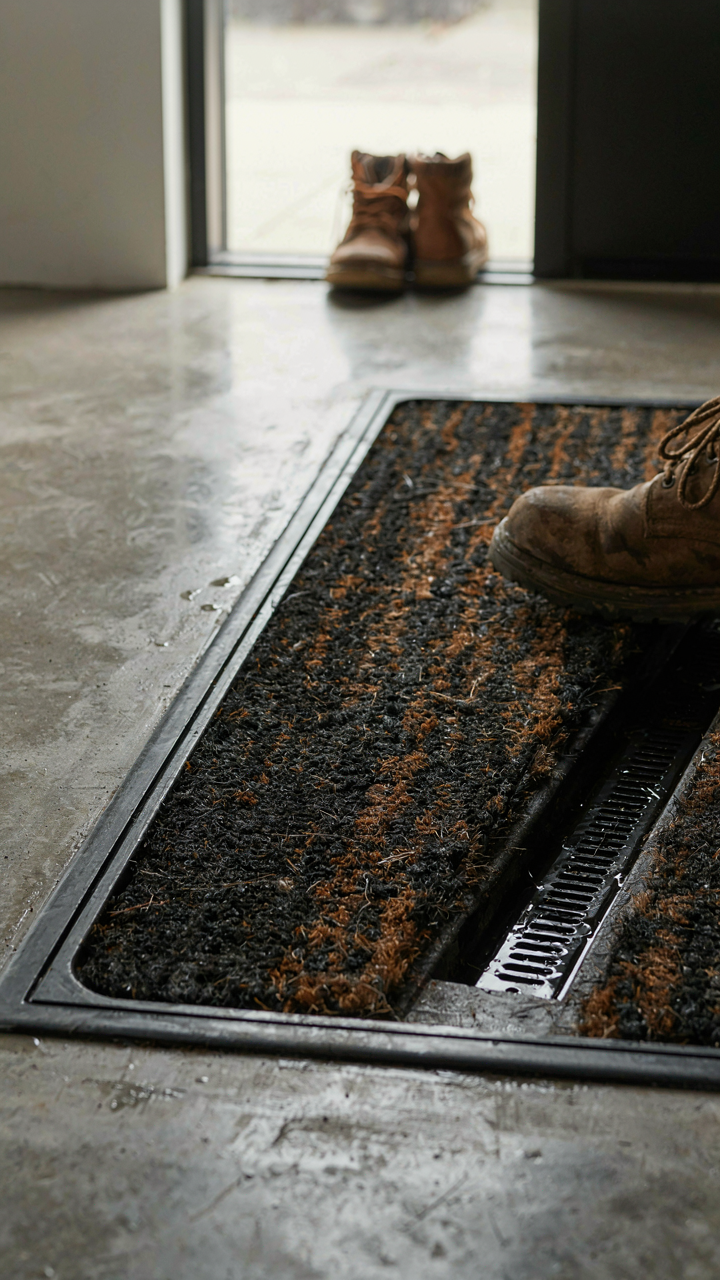 A recessed, heavy-duty entry mat with a gasket seal in a mudroom.