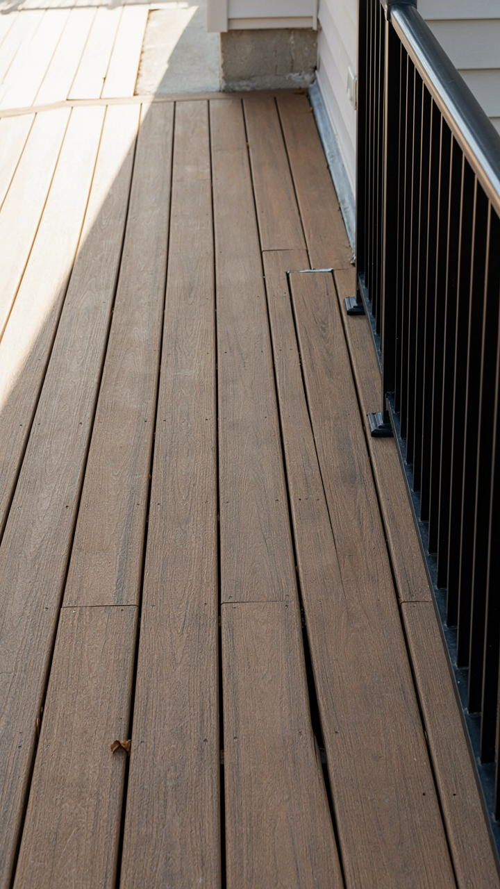 Durable composite decking and metal railings on a resilient wraparound porch.