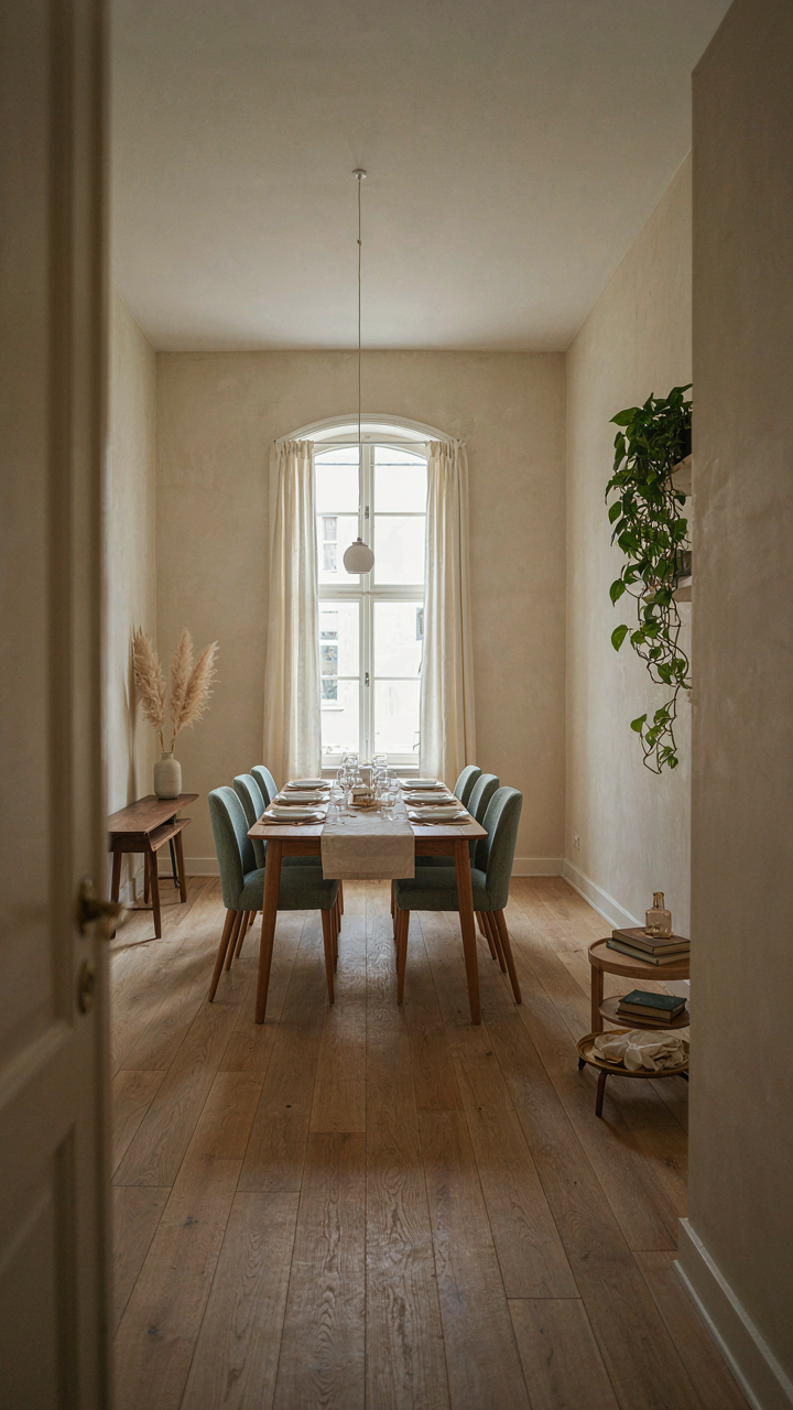 A clear path leads to a centered dining table in a well-lit room.