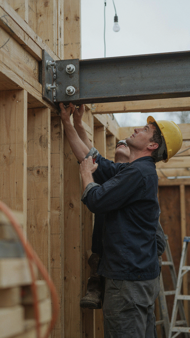 A builder inspects a bolted joint where a loft beam meets a wall in a tiny cabin.