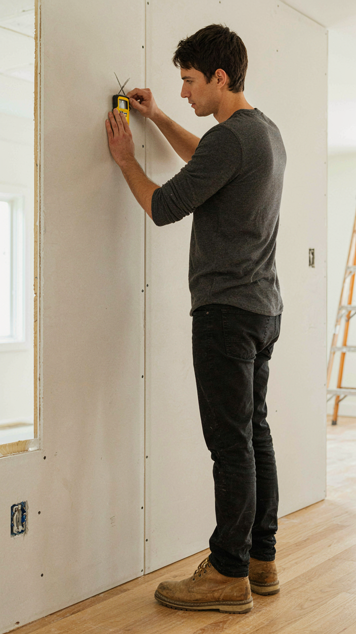 A person using a stud finder on a wall, marking a stud location.