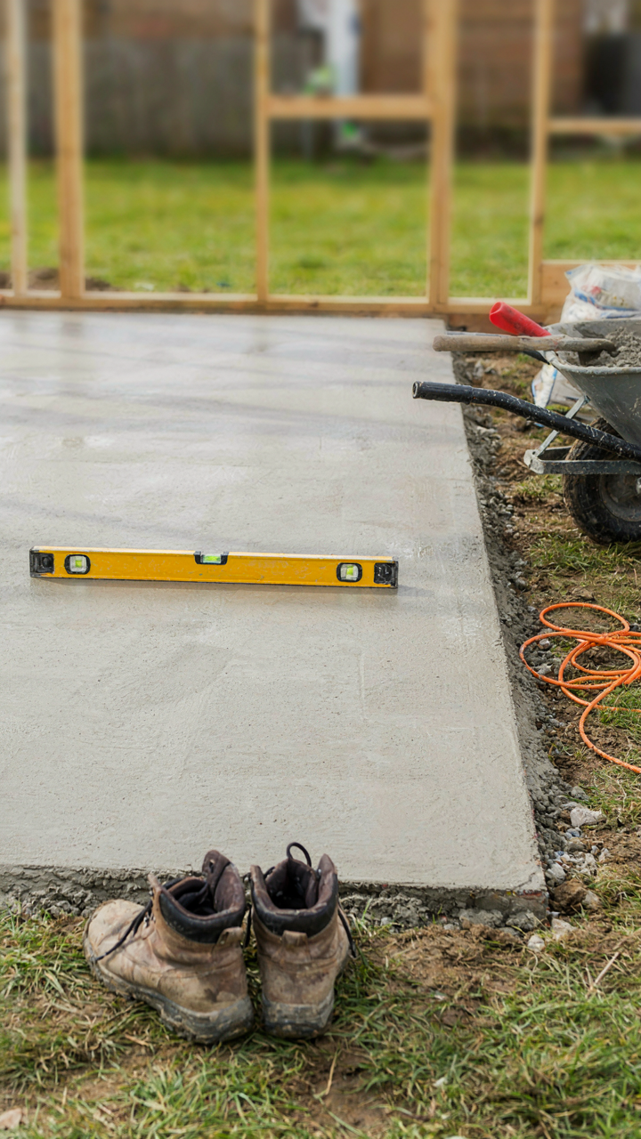 A level concrete foundation being poured for a small shed.