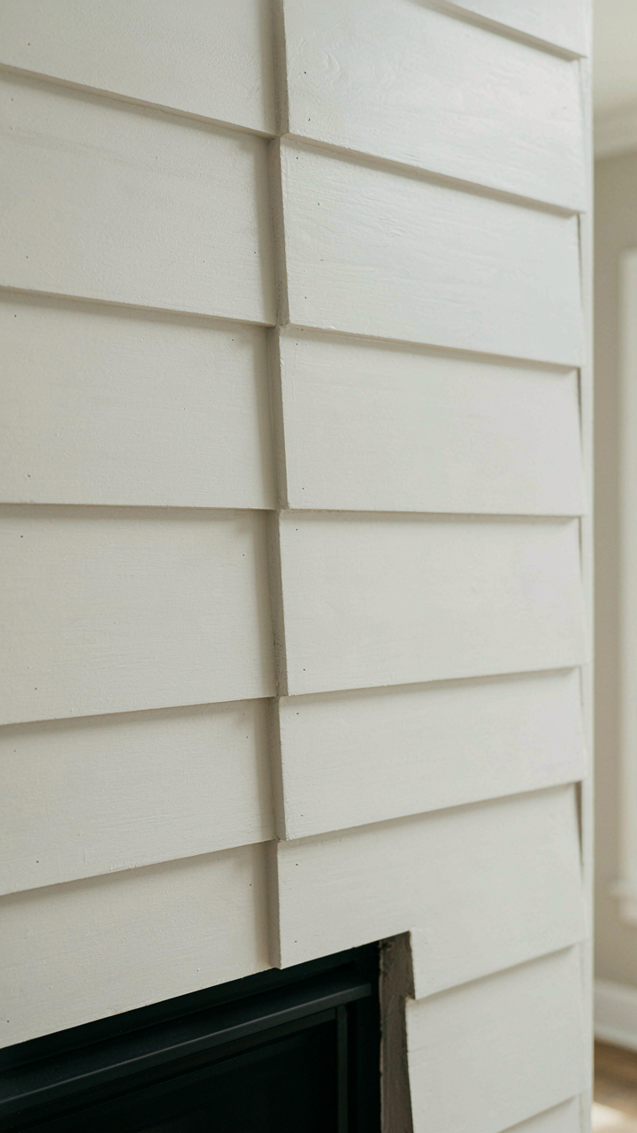 A close-up of shiplap boards fastened with small nails near a fireplace.