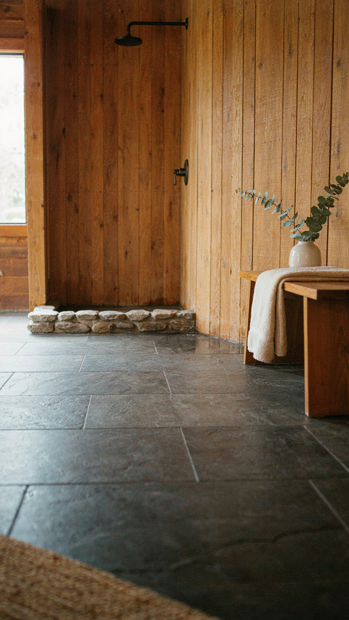 A dark stone tile floor in a small cabin bathroom shower demonstrates durability.