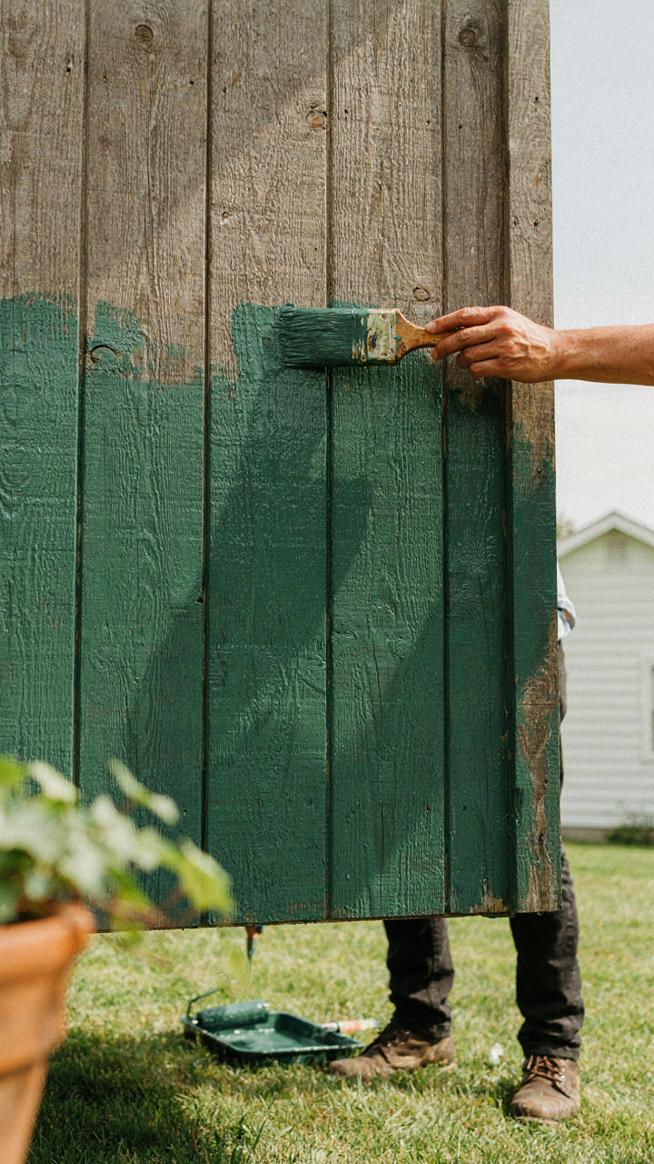 A hand carefully painting a garden shed with a second coat of exterior paint.