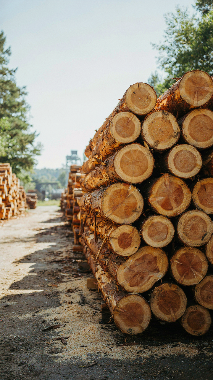 A neat stack of thick pine logs awaits use for building.