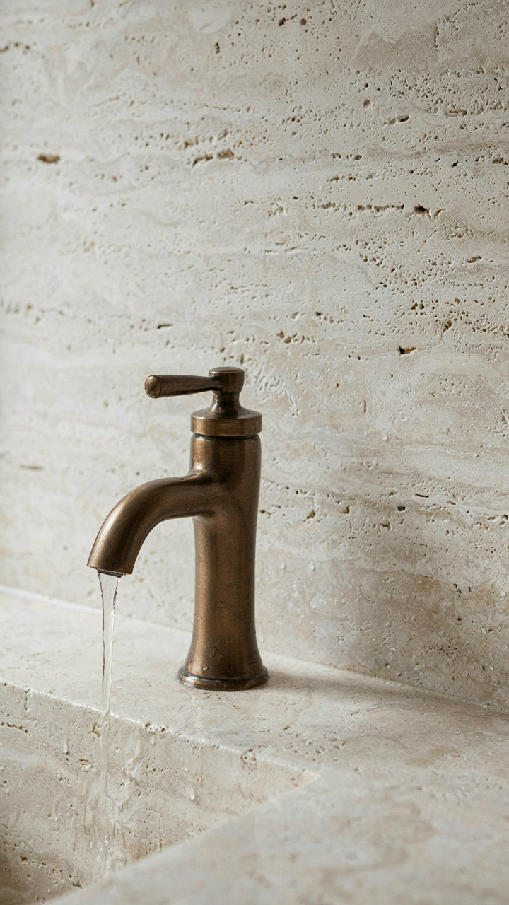 An oil-rubbed bronze faucet extends from a stone wall, showing elegant restraint.