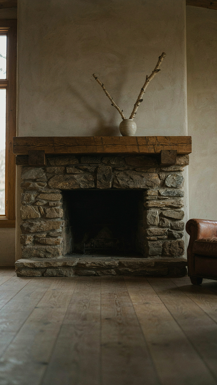 A grand hand-hewn timber mantelpiece above a stone fireplace in a rustic cabin.