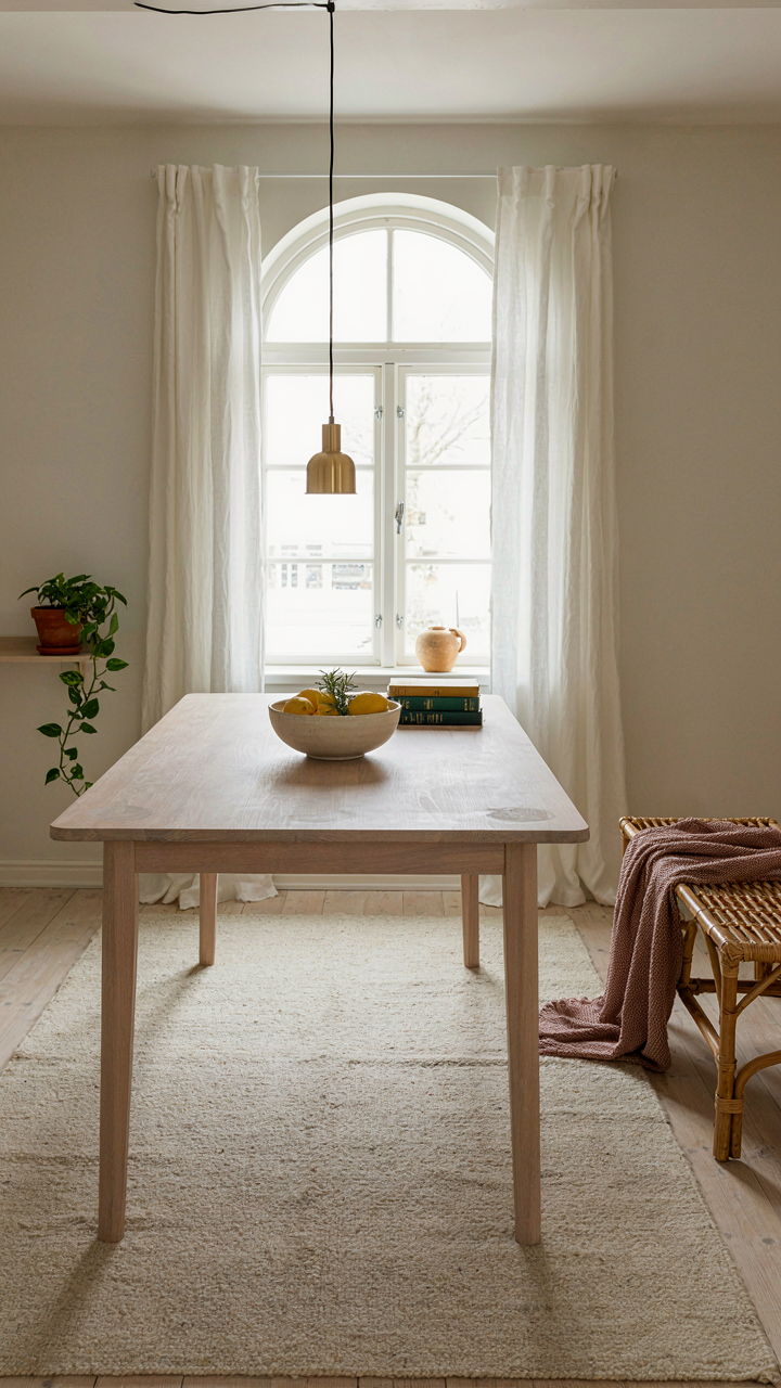 A well-loved pale wood dining table with subtle scuff marks.