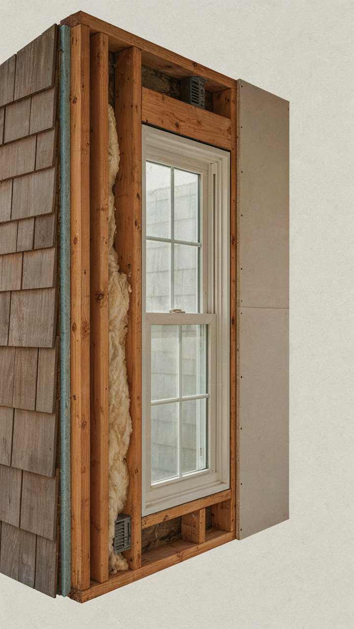 A cross-section of a sunroom wall showing insulation and an open window.