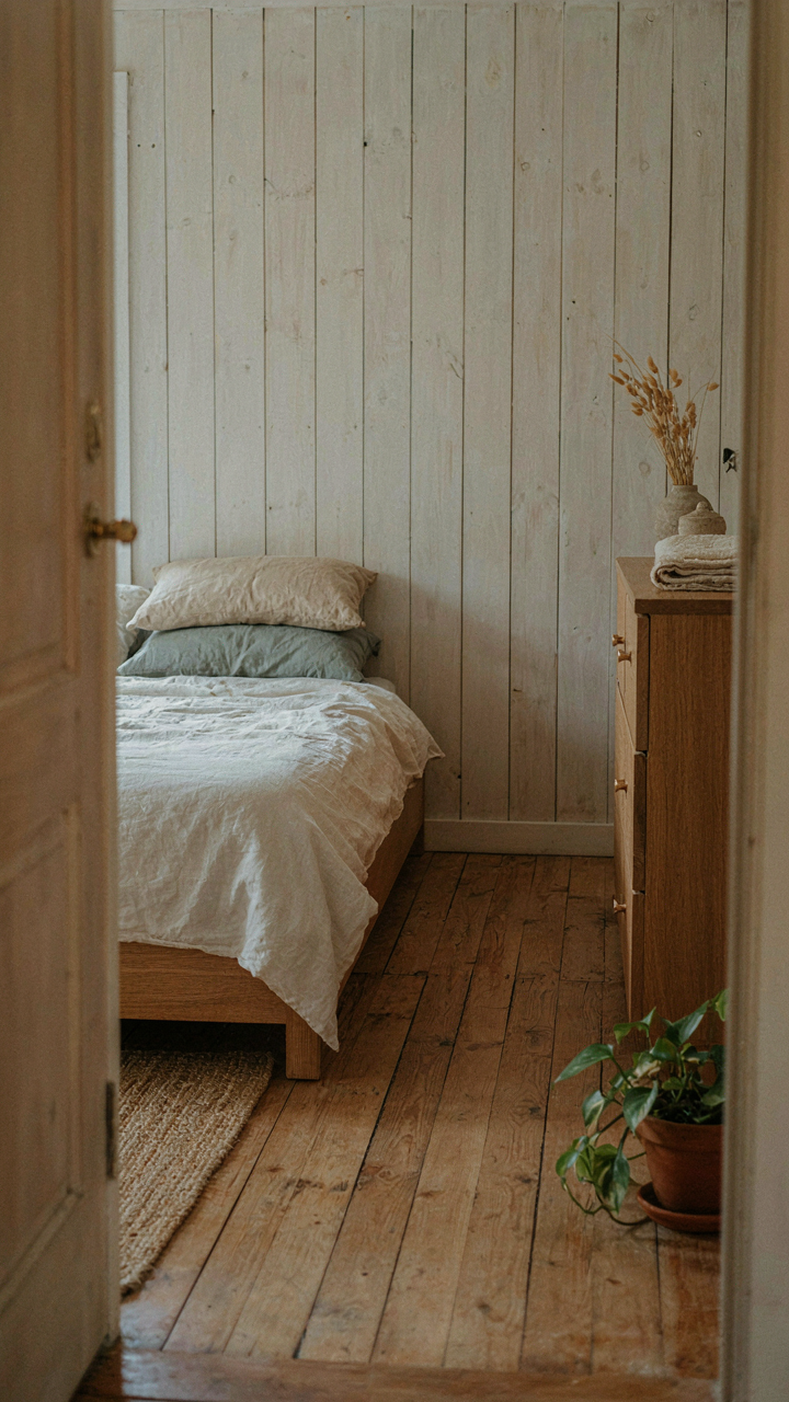 A low bed is floated away from a rustic cottage wall, creating open floor space.