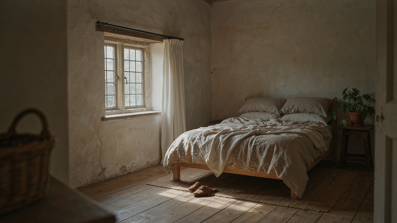 A serene english cottage bedroom with warm natural light and textured walls.
