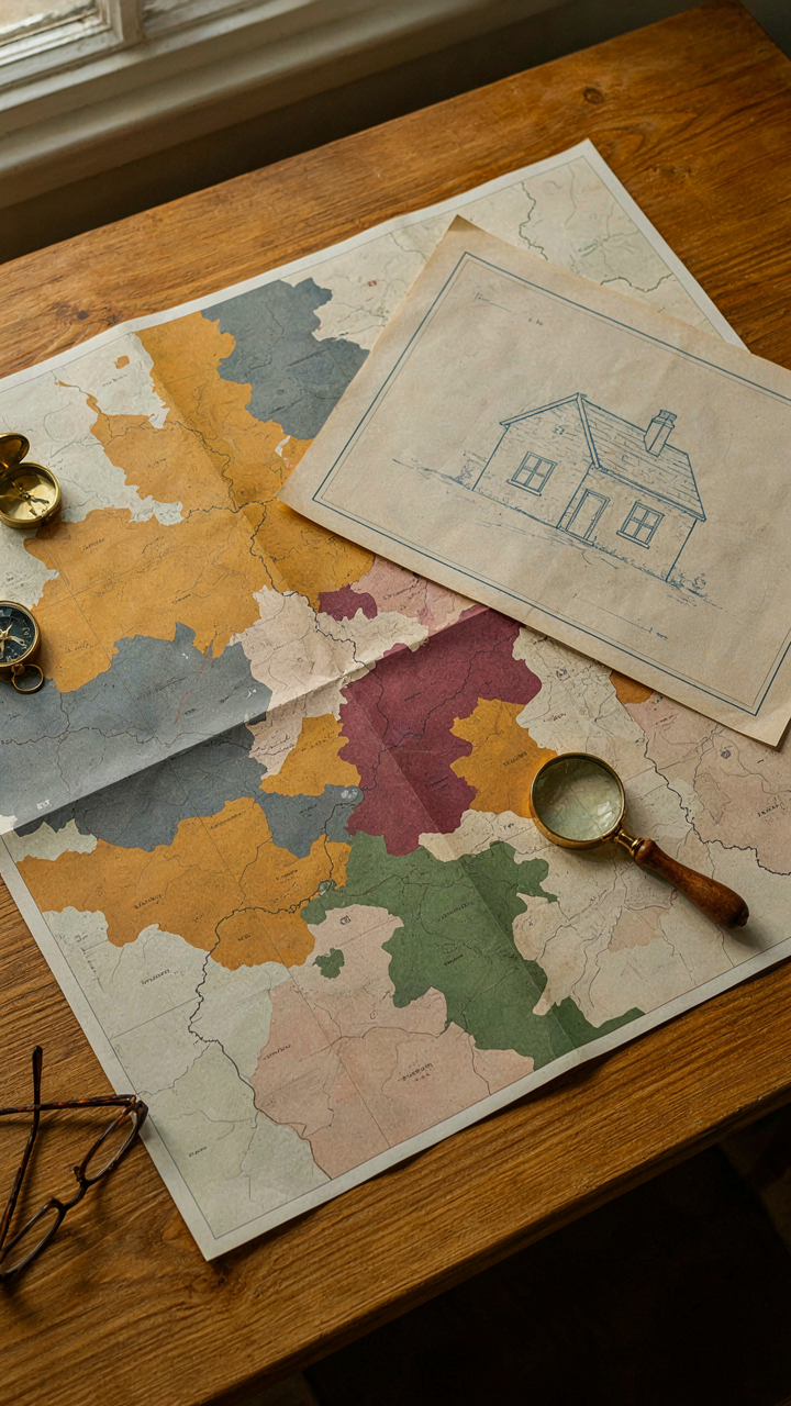 A geological map with different stone types is shown under a stone cottage blueprint.