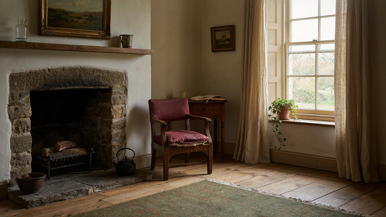 A cozy English cottage interior with a stone fireplace and well-loved furniture.
