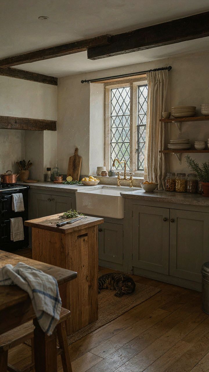 A spacious and functional English cottage kitchen with a deep stone counter.