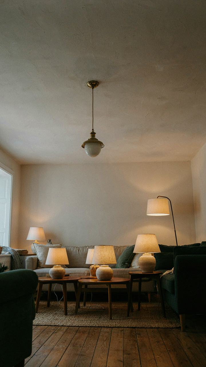 An empty overhead light fixture in a cottage, highlighting the use of multiple lower light sources.