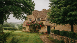 A charming English cottage covered in climbing roses under a soft, overcast sky.