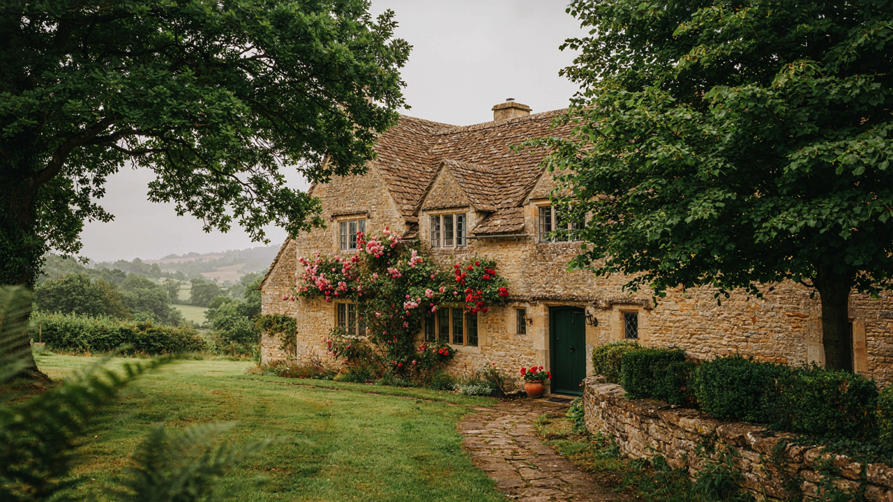 A charming English cottage covered in climbing roses under a soft, overcast sky.