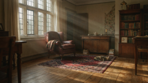 A large, elegant English country house interior with antique furniture and soft sunlight.