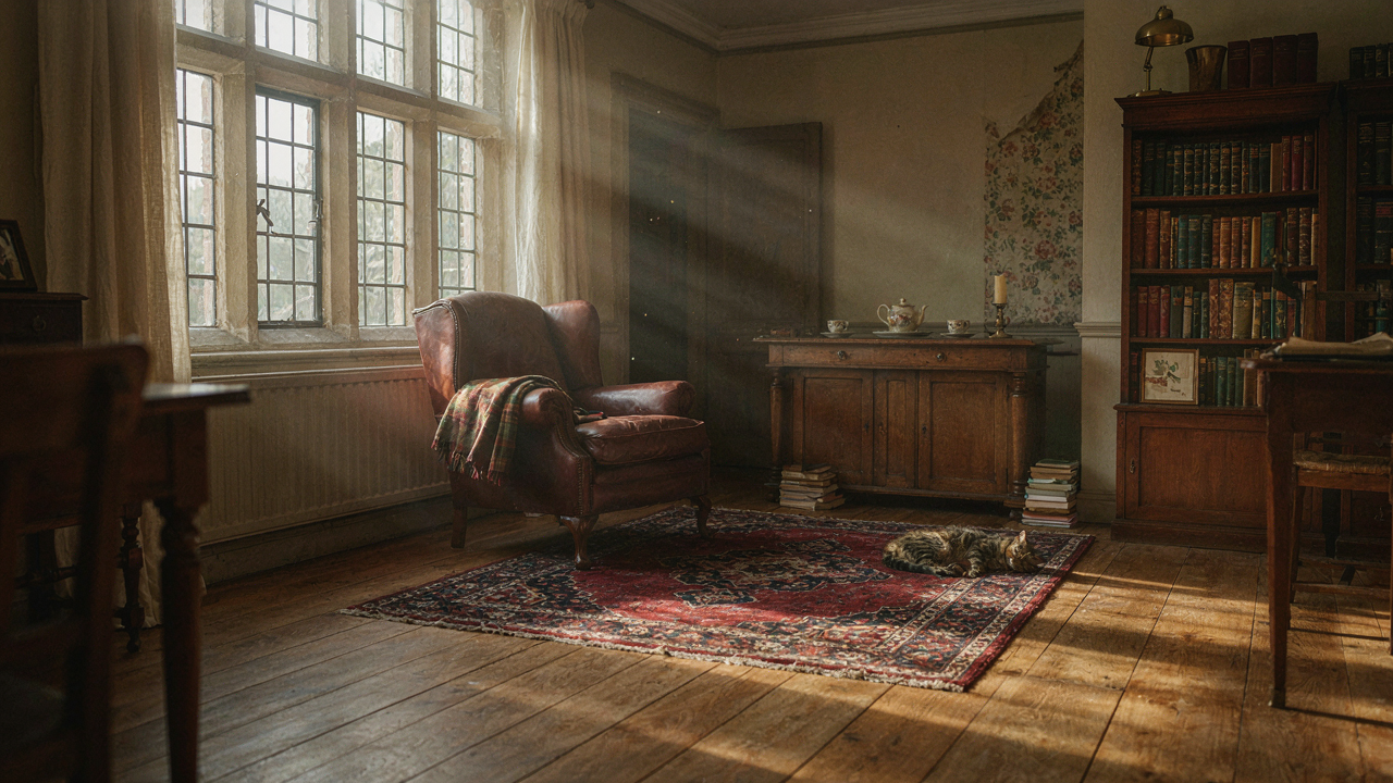 A large, elegant English country house interior with antique furniture and soft sunlight.