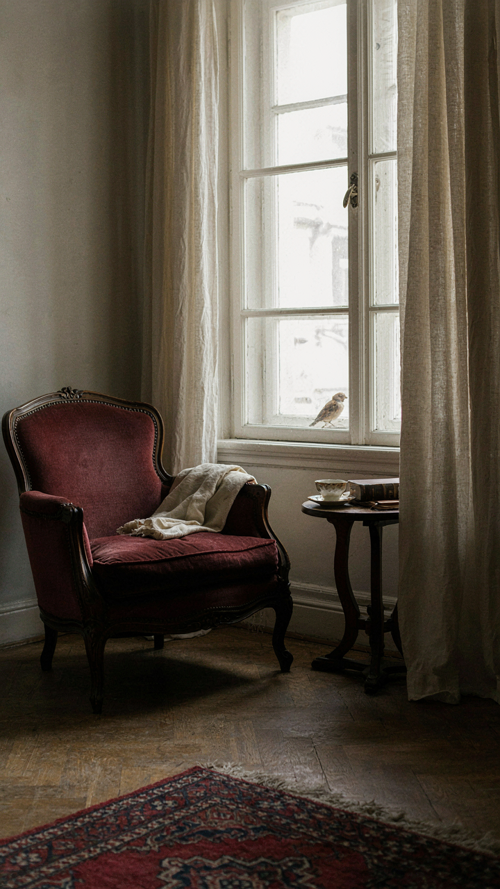 An antique armchair placed diagonally by a window, anchoring a room's corner.